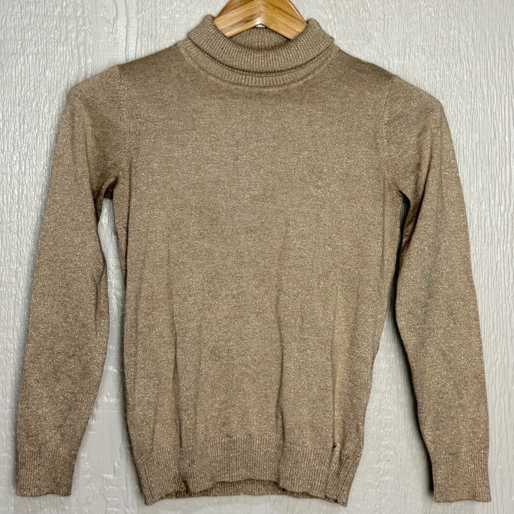 Calvin Klein Womens Gold Metallic Festival Holiday Turtleneck Sweater Small